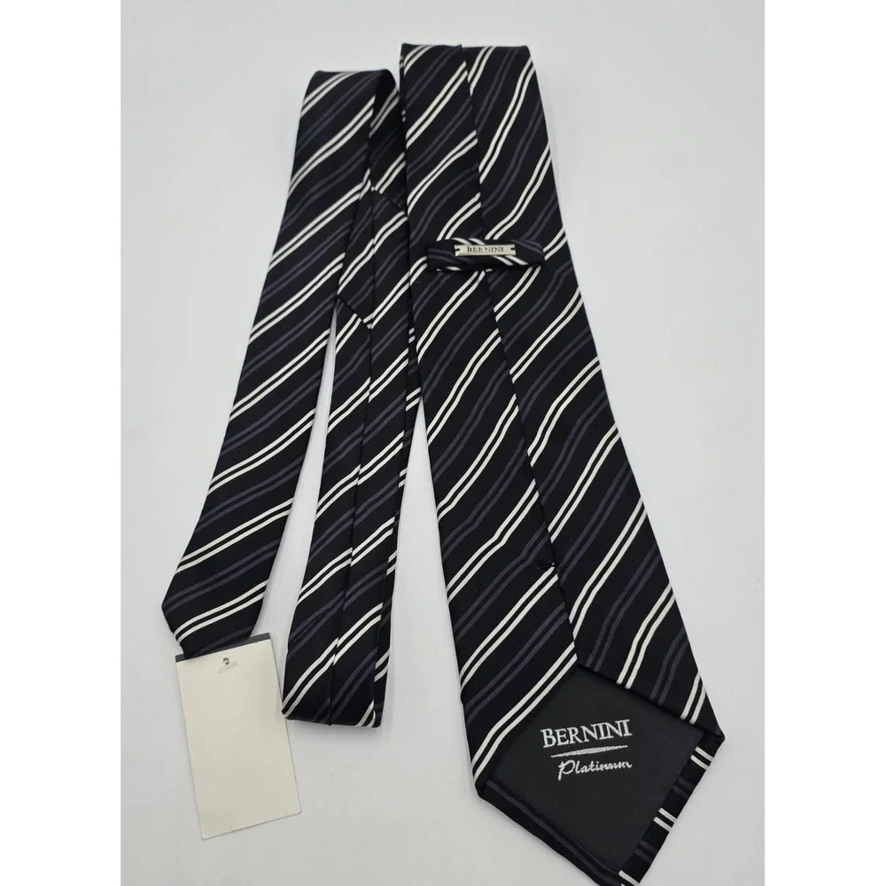 Bernini Platinum Silk Necktie Black White Grey Diagonal Stripe Hand Made NWT